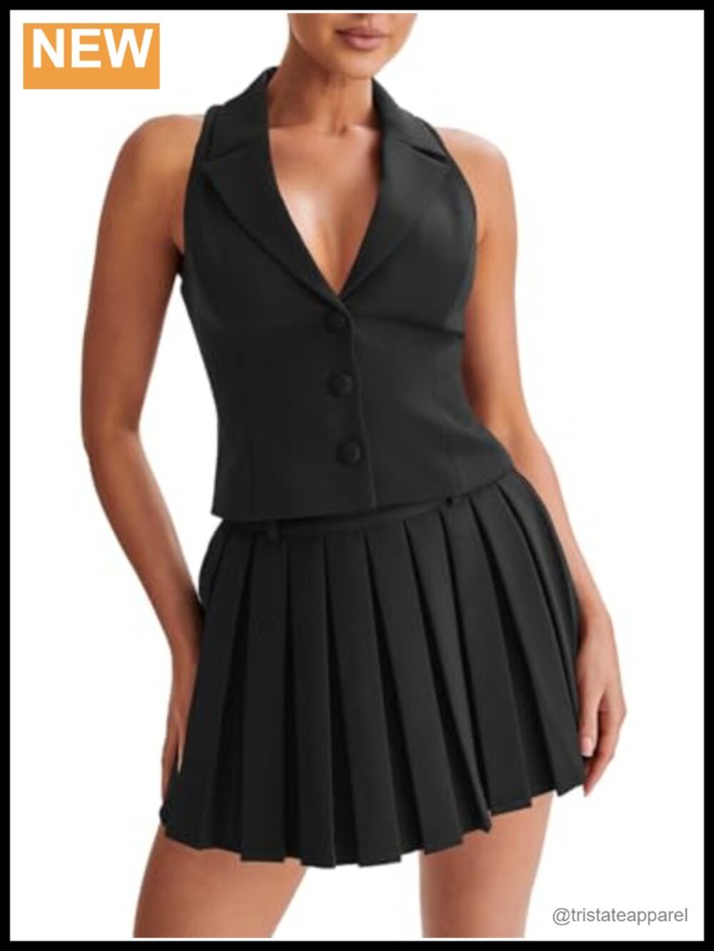 Womens 2 Piece Vest Set V Neck Blazer Pleated Mini Skirt Sleeveless